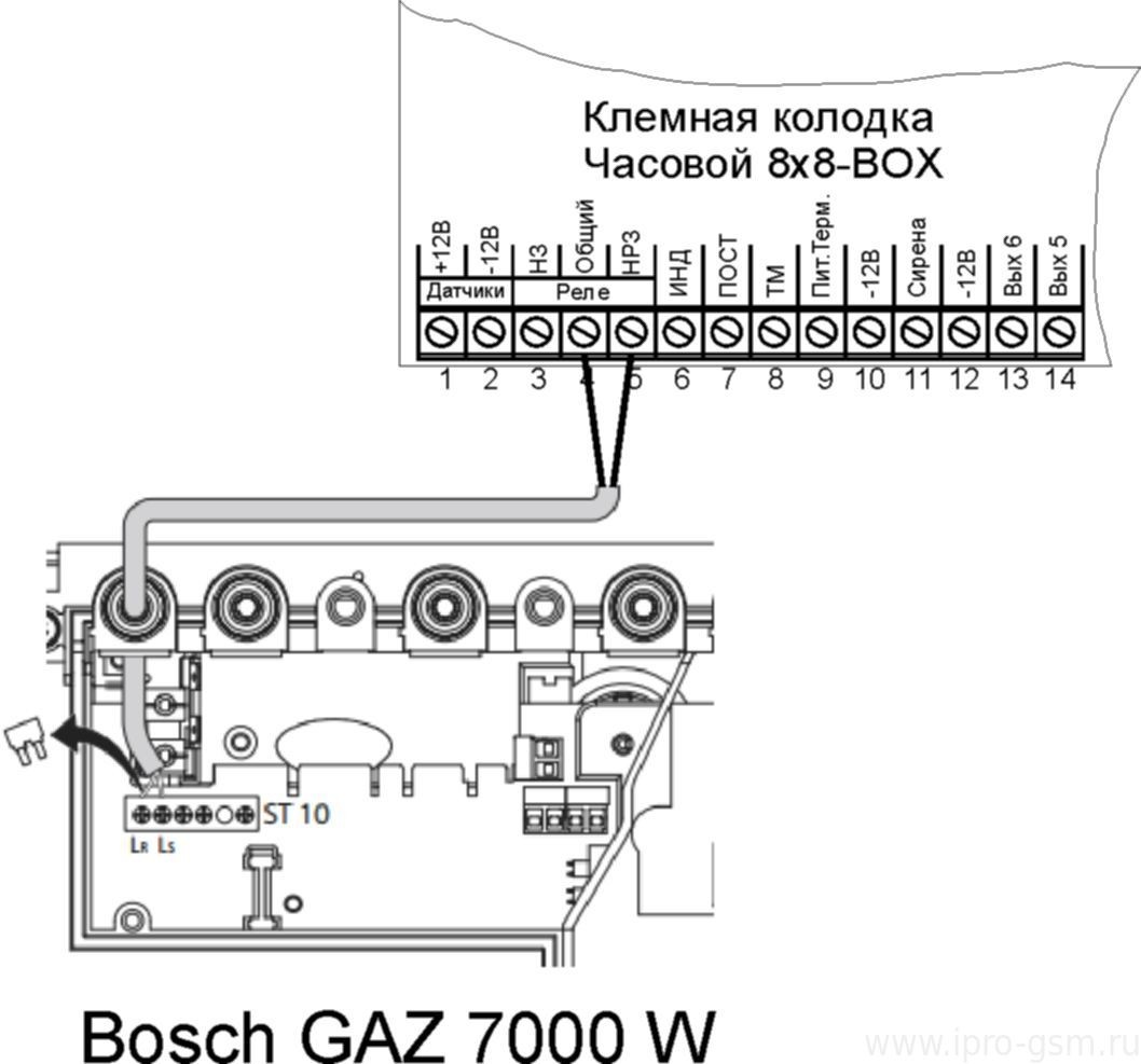 Схема подключения Часовой 8х8 Версия 1 (Зеленая плата) к котлу Bosch GAZ 7000 W