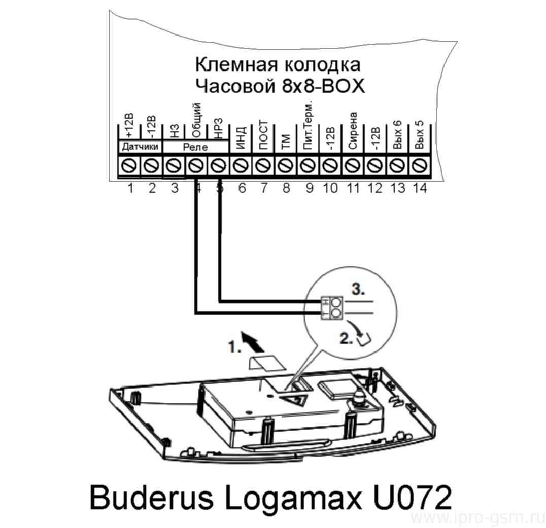 Схема подключения Часовой 8х8 Версия 1 (Зеленая плата) к котлу Buderus Logamax U072