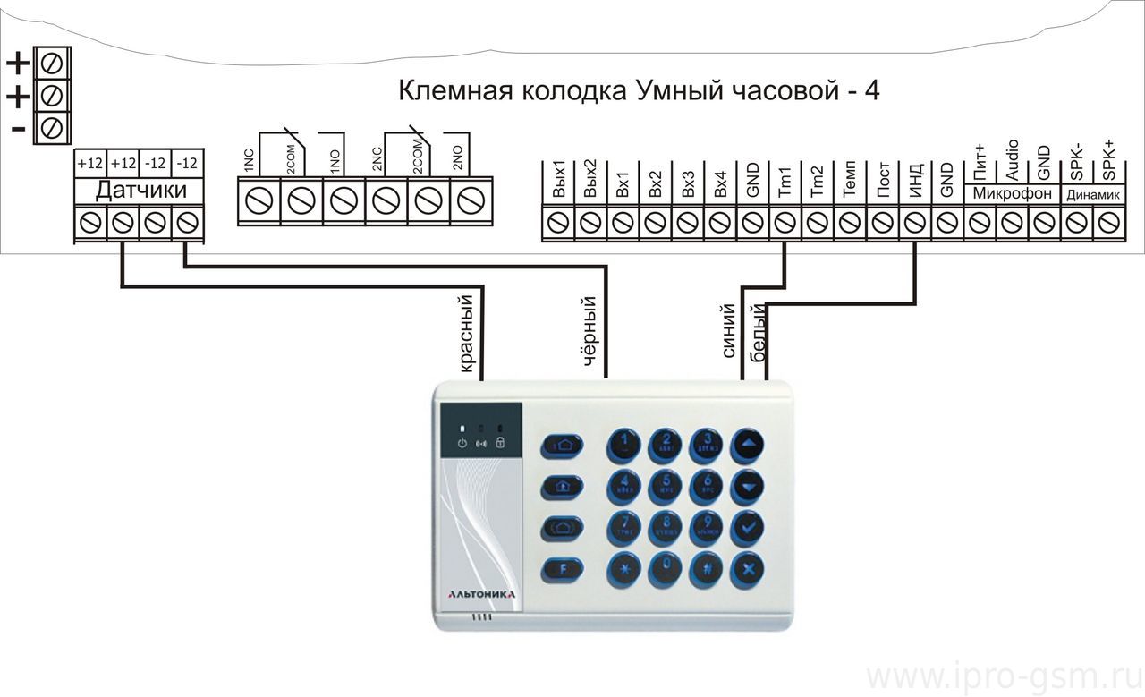 Схема подключения проводной клавиатуры РИФ-КТМ к Умный Часовой-4