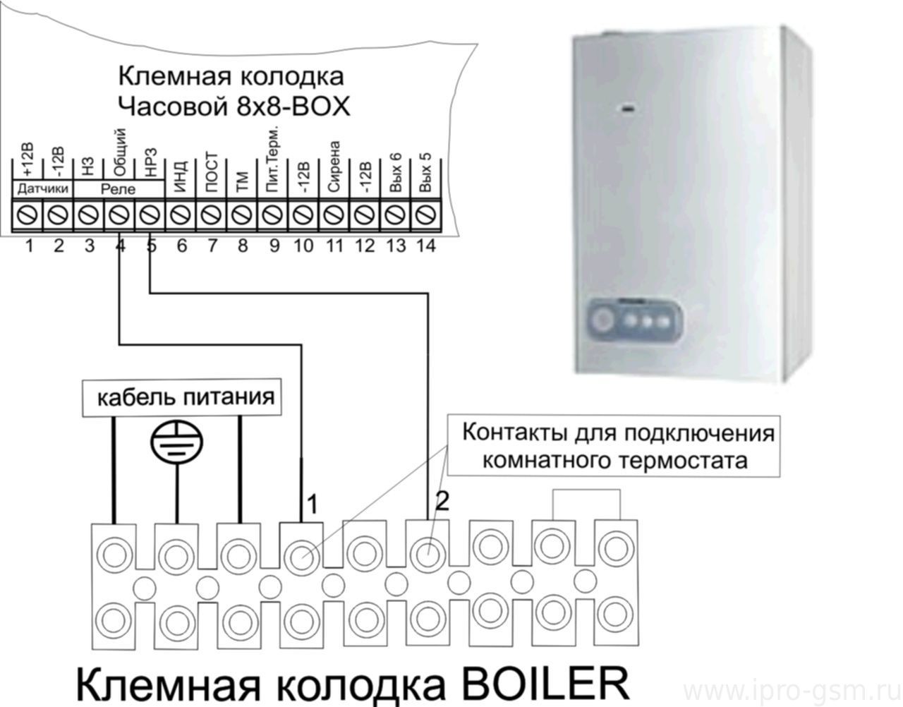Схема подключения Часовой 8х8 Версия 1 (Зеленая плата) к котлу Beretta Boiler