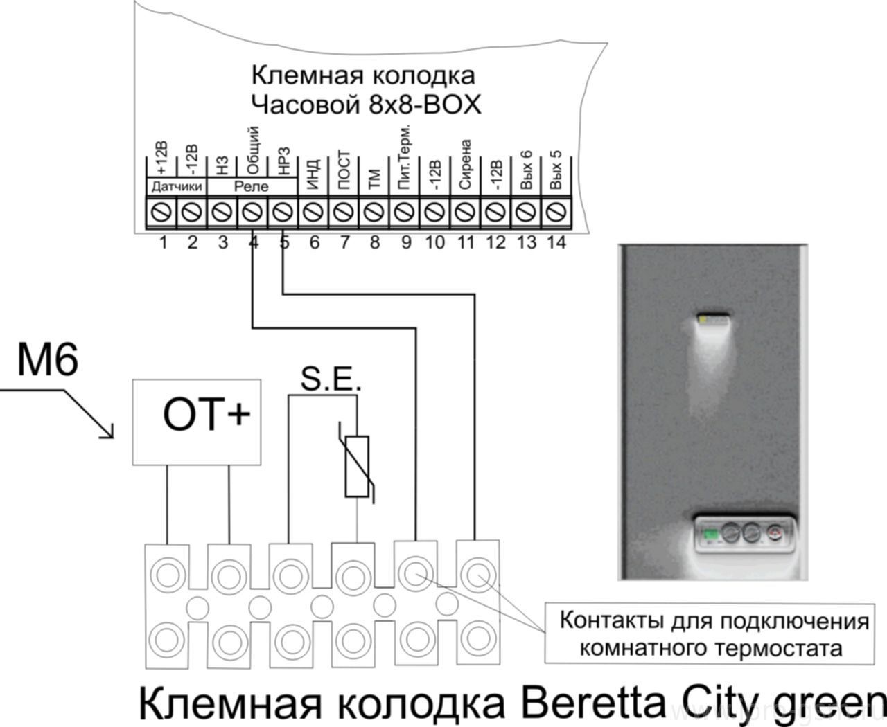 Схема подключения Часовой 8х8 Версия 1 (Зеленая плата) к котлу Beretta City Green