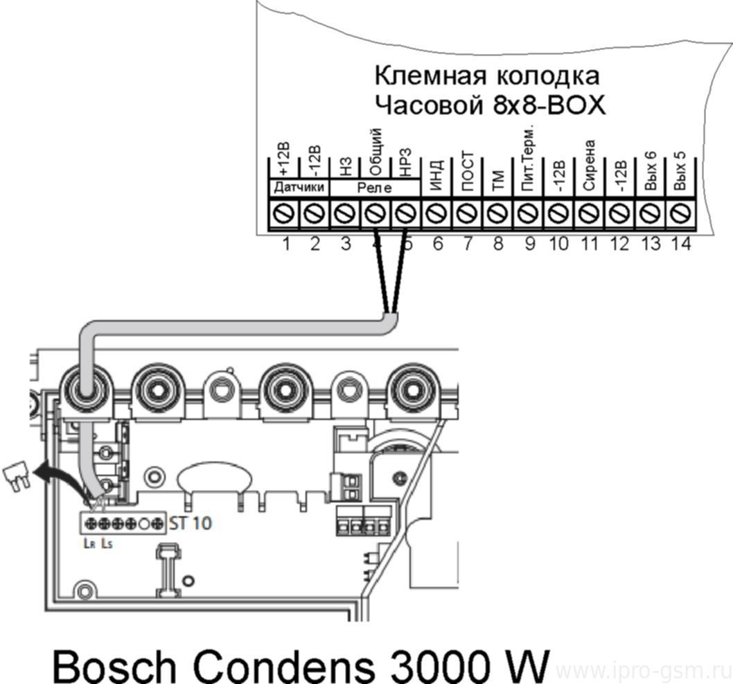 Схема подключения Часовой 8х8 Версия 1 (Зеленая плата) к котлу Bosch Condens 3000 W