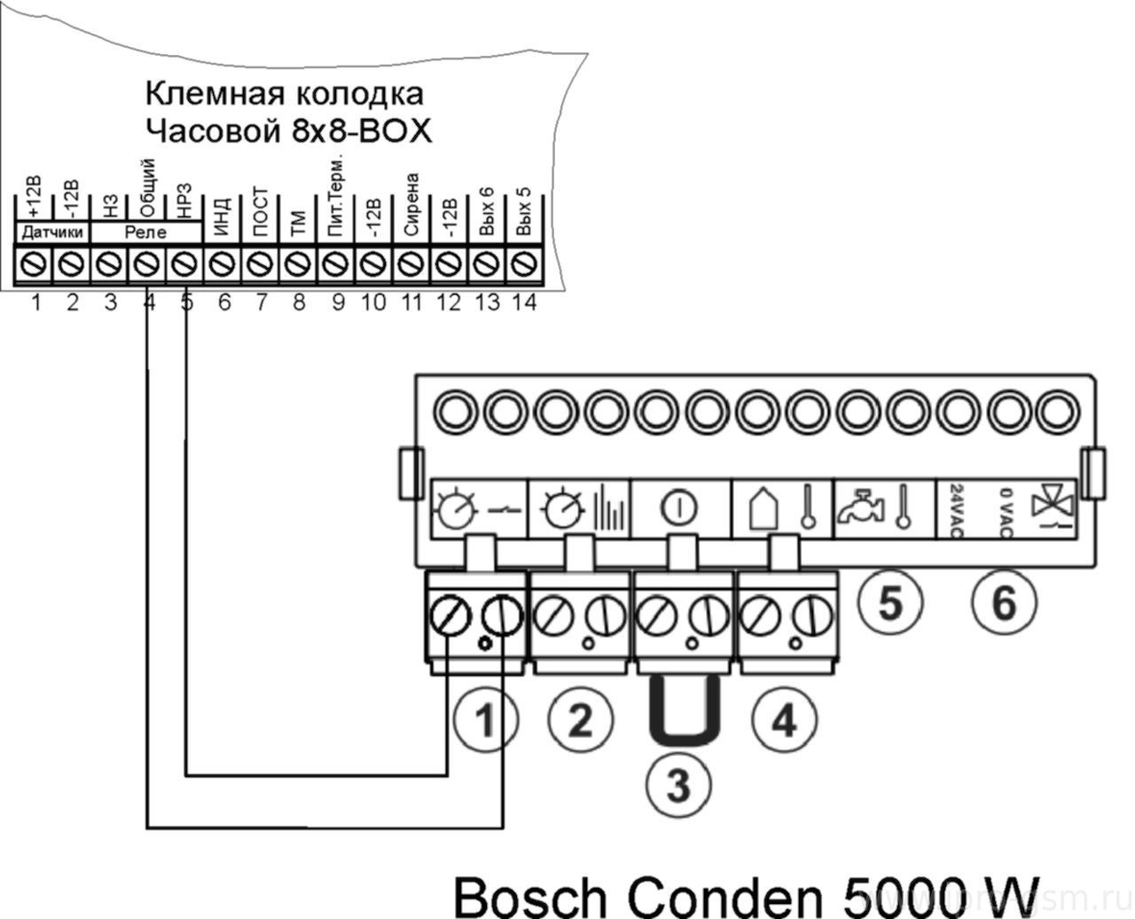 Схема подключения Часовой 8х8 Версия 1 (Зеленая плата) к котлу Bosch Condens 5000 W