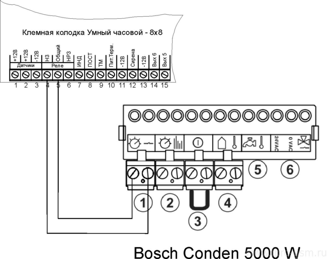 Схема подключения Часовой 8х8 к котлу Bosch Condens 5000 W