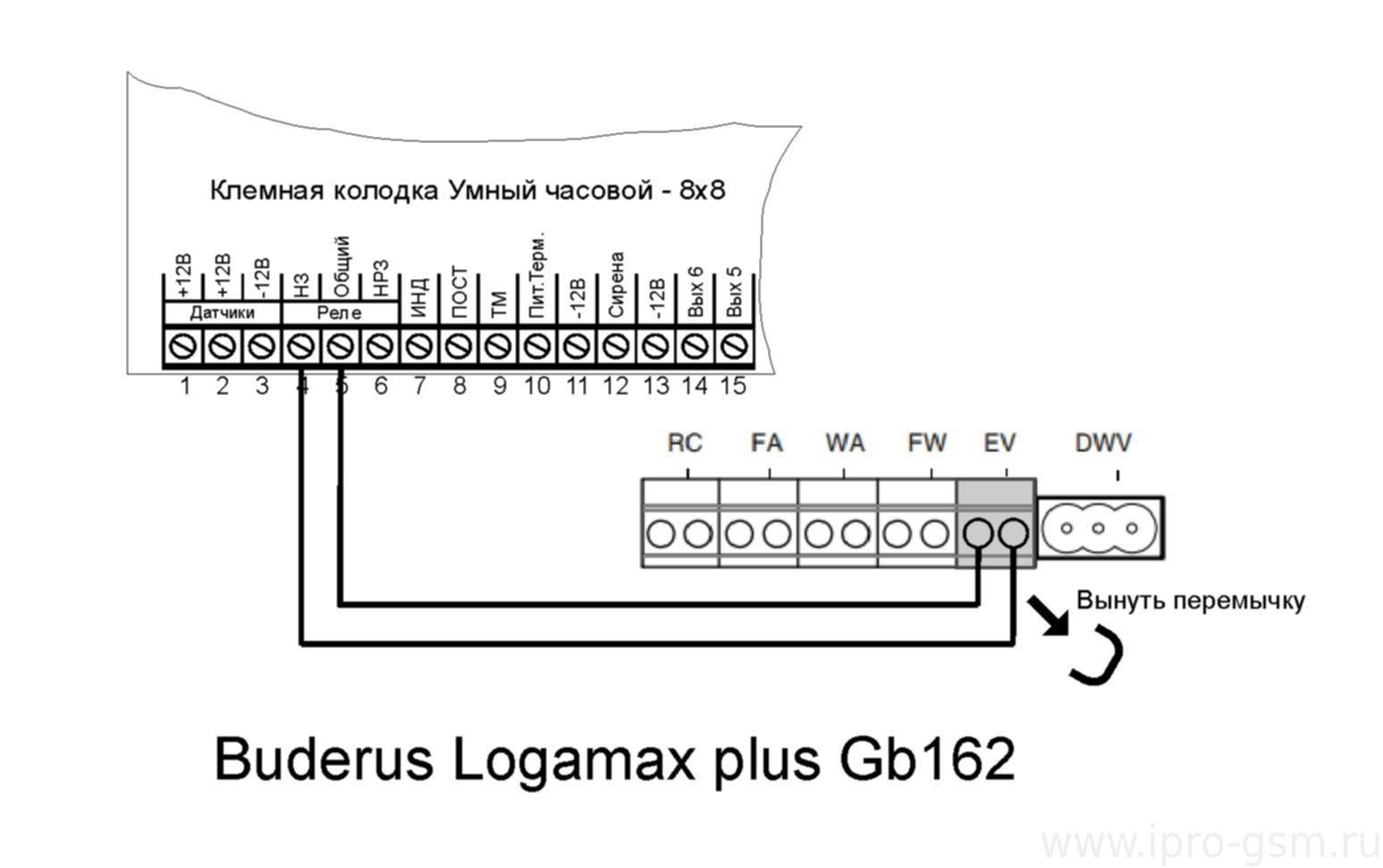 Схема подключения Часовой 8х8 к котлу Buderus Logamax plus