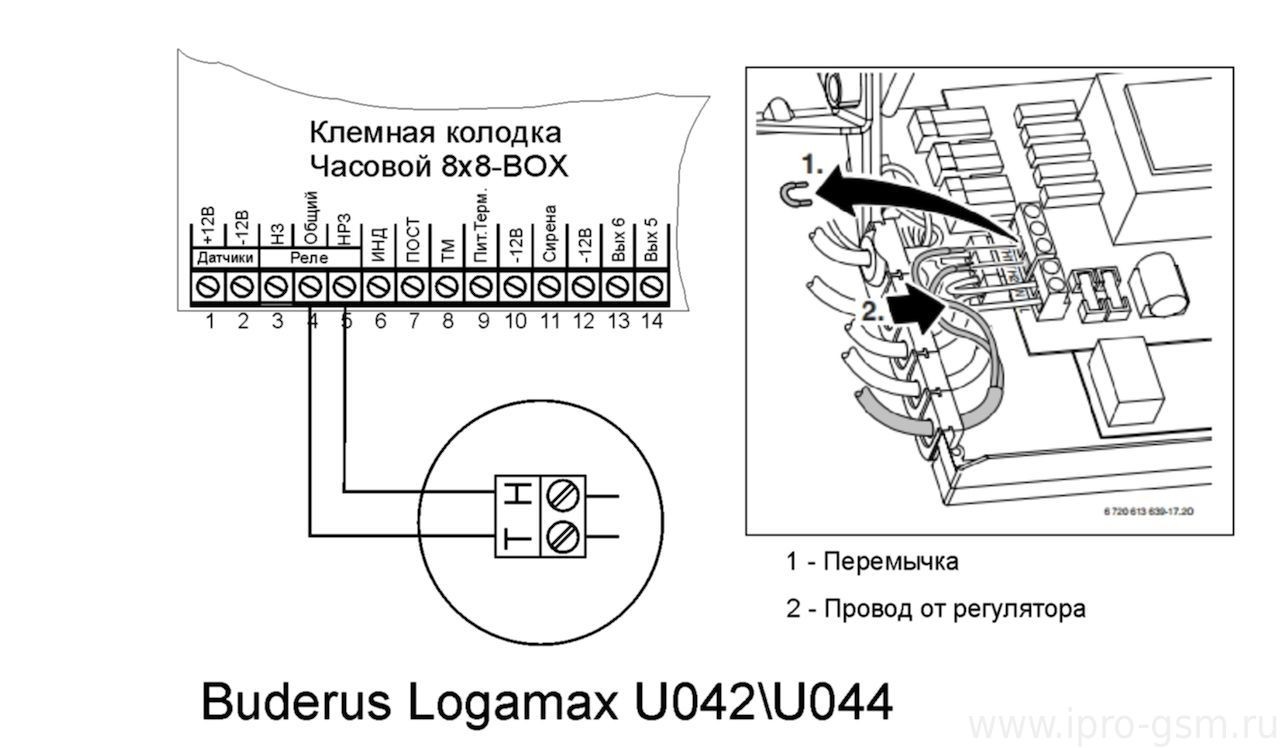 Схема подключения Часовой 8х8 Версия 1 (Зеленая плата) к котлу Buderus Logamax U042\U044