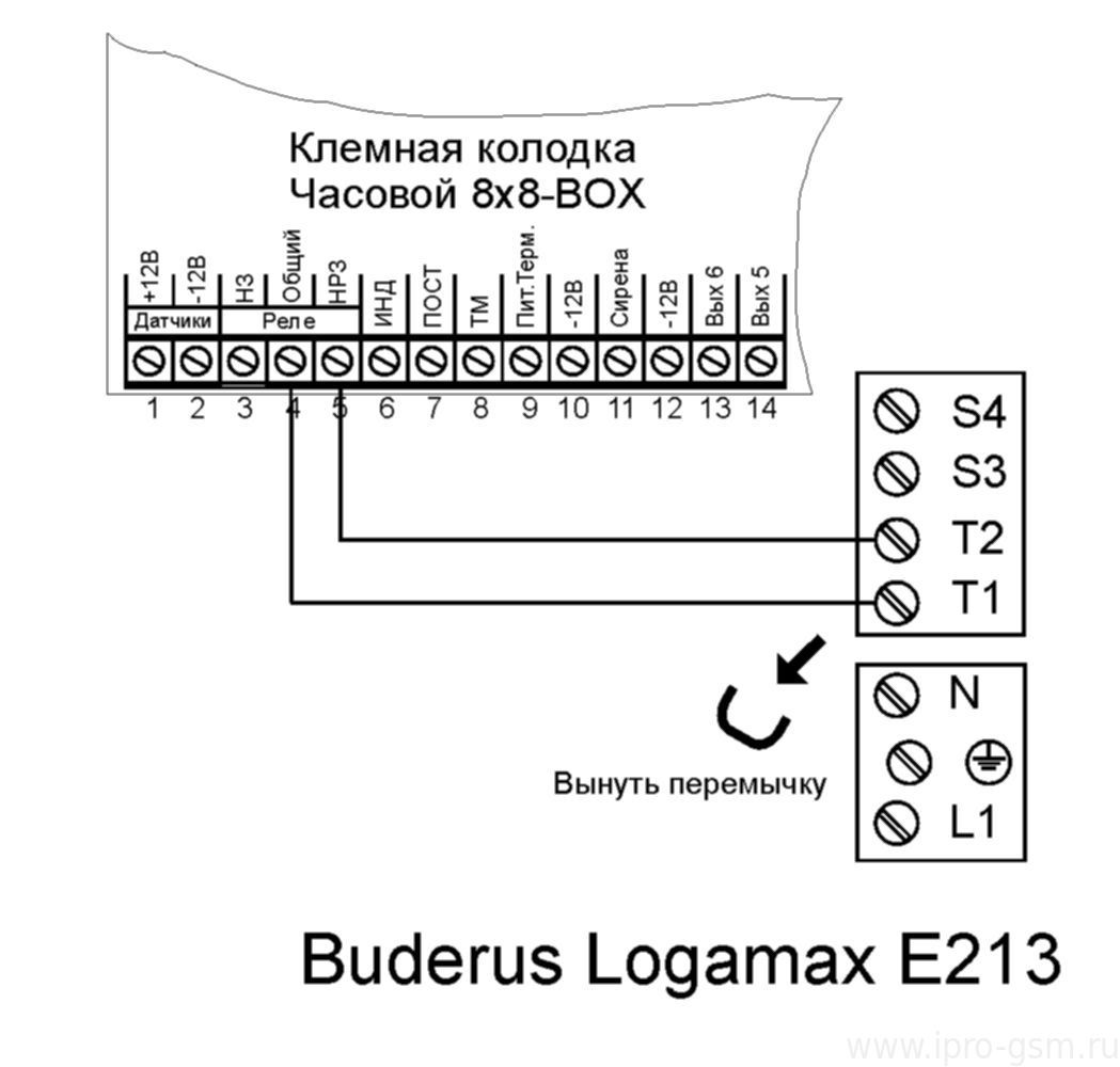 Схема подключения Часовой 8х8 Версия 1 (Зеленая плата) к котлу Buderus Logamax plus E213