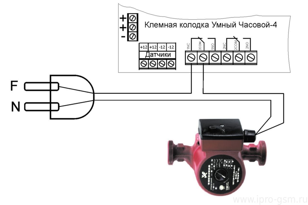 Типовая схема подключения Умный Часовой-4 для управления циркуляционным насосом