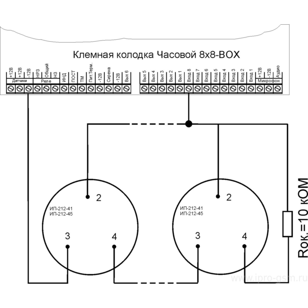 Схема подключения двухпроводных пожарных извещателей с оконечным резистором к GSM-сигнализации Часовой 8х8 RF BOX