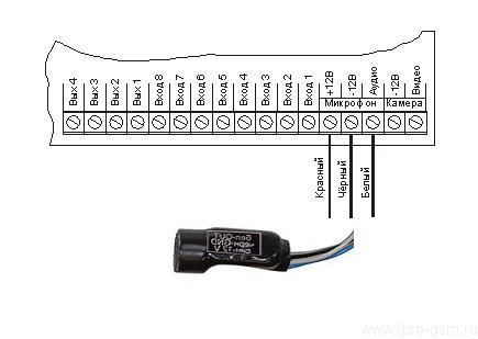 Схема подключения микрофона к GSM-сигнализации Часовой 8х8 RF BOX