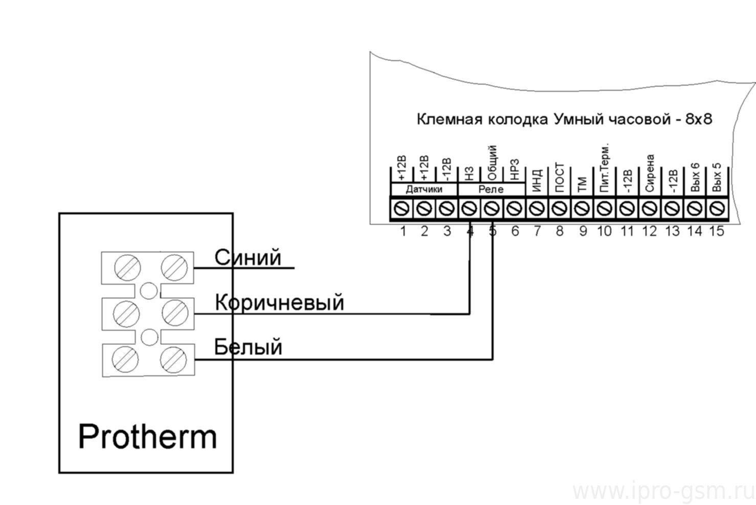 Схема подключения Часовой 8х8 к котлу Protherm Рысь